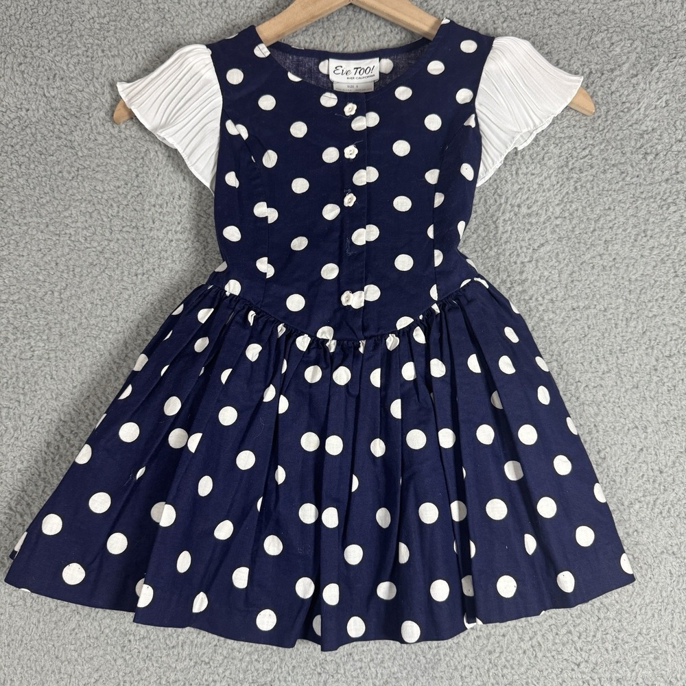 VTG Eve Too! Byer California Dress Girls Sz 5 Navy Polka Dot Ditsy